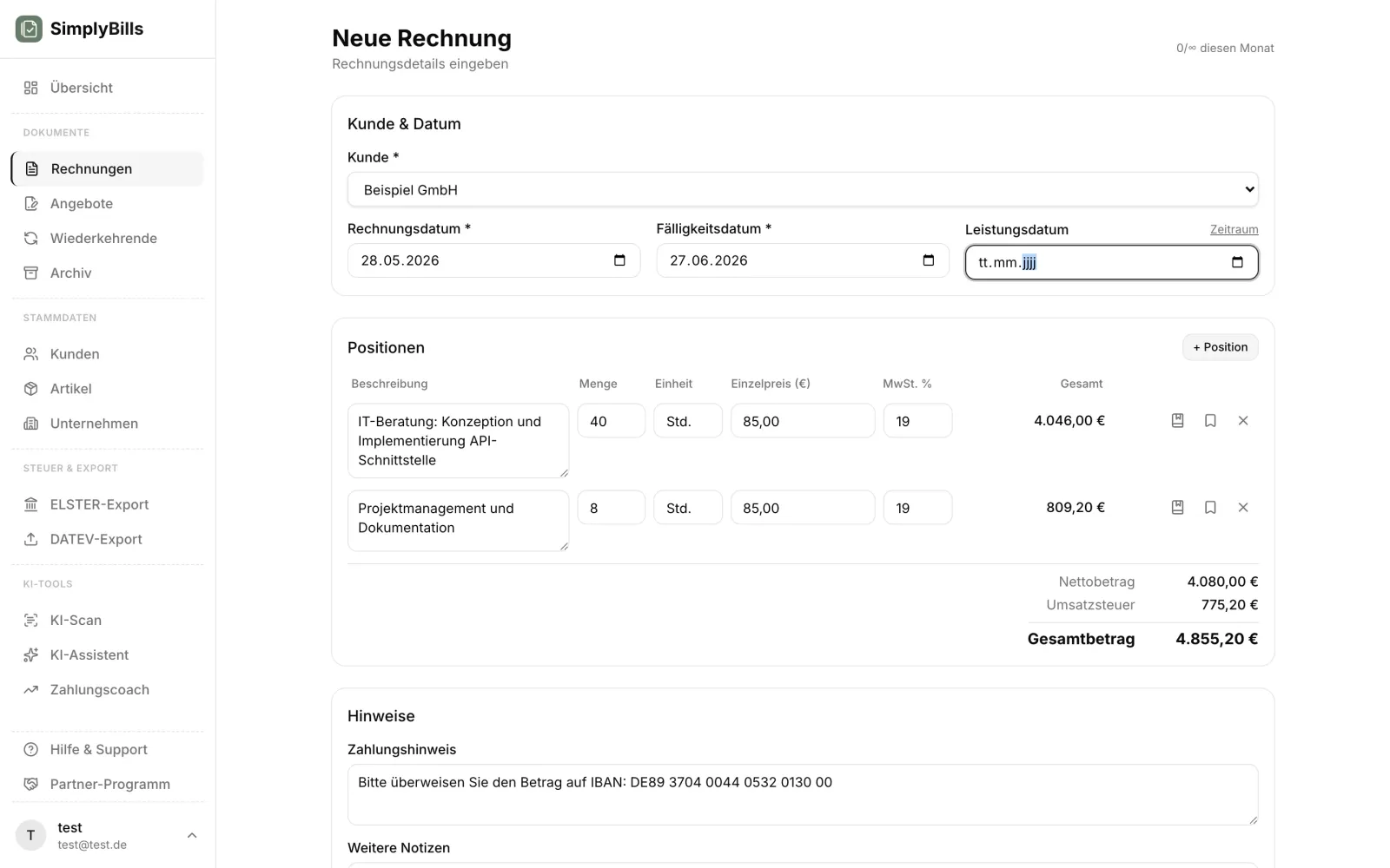 SimplyBills: neue Rechnung anlegen