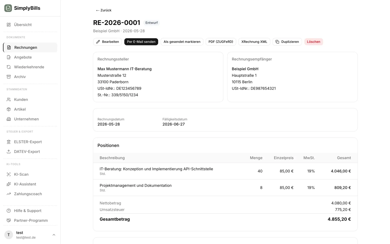 SimplyBills: Rechnung mit Export als ZUGFeRD oder XRechnung